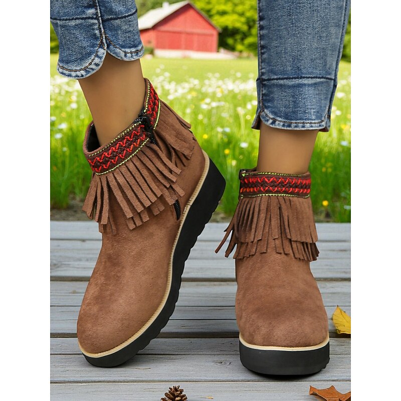 Women's Brown Faux Suede Fringe Wedge Ankle Boots – Western Style Casual Shoes for Garden Strolls, Fall Festivals & Farm Days3