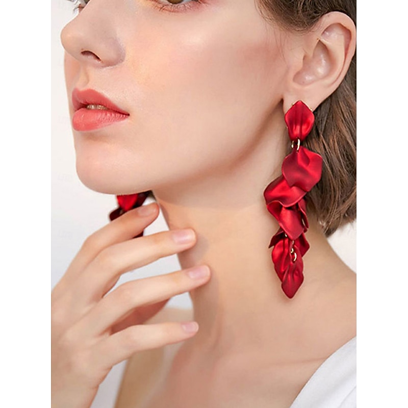 Women's Statement Red Satin Drop Earrings - Elegant Layered Petal Design for Fashionable Parties, Cocktail Events, and Evening Wear