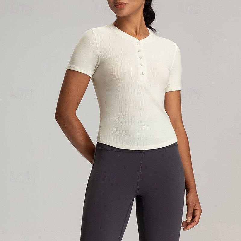 Women's Yoga T-shirt Henley Collar Stretchy Breathable Short Sleeve Sports Solid Color Top For Pilates Running Yoga Activewear4