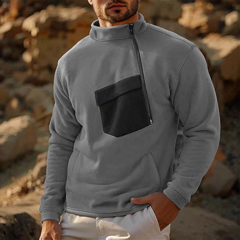 Men's Fleece Hoodie Black Army Green Gray Crew Neck Standing Collar Plain Zip Up Front Pocket Sports & Outdoor Casual Daily Cool Designer Sportswear Fall & Winter Clothing Apparel Hoodies Sweatshirts