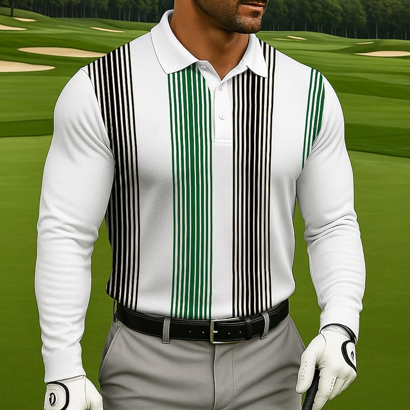 Men's Golf Line Polo Sports Polo Shirts Long Sleeve Polo Shirts Collared Shirts Sportswear Casual Athleisure 3D Print Spring Fall Black White3