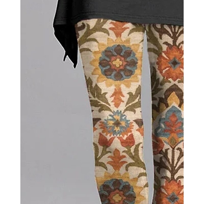 Women's Pants Trousers Leggings Cozy Leggings Streetwear Casual Full Length High Waist Flower Elastic Waist Print Breathability Comfortable Stretchy Vacation Street Daily Wear Orange Spring Fall2