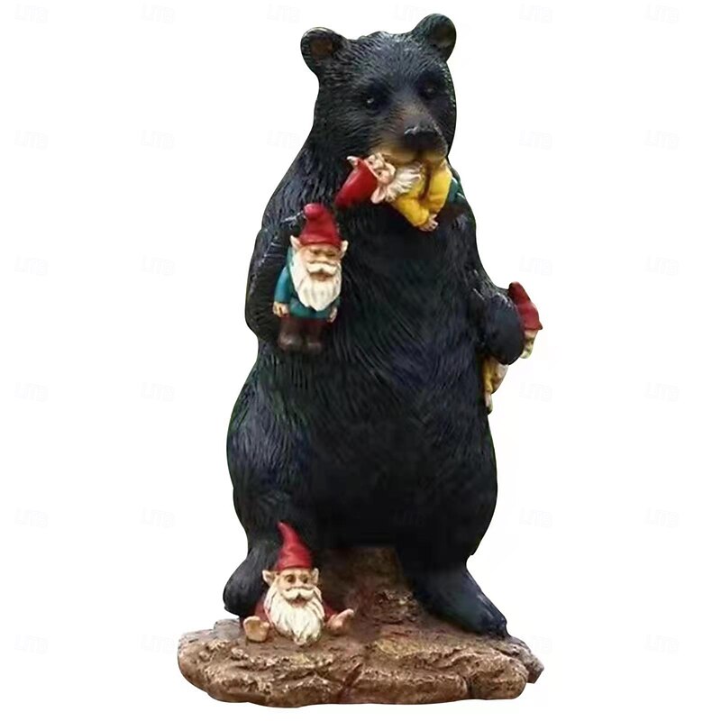 Garden Statue Naughty Black Bear Eating Dwarfs Resin Miniature Sculpture for Fairy Garden Decoration3