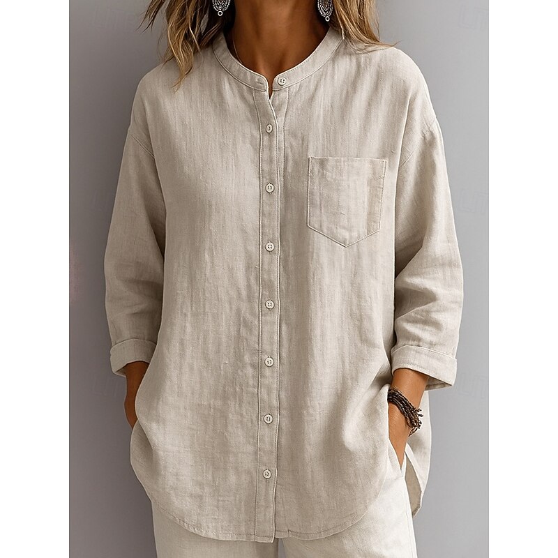 Women's Cotton Shirt Solid Color Elegant Daily Casual 3/4 Length Sleeve High Neck Regular Tops White Navy Blue Blue Beige Spring, Fall, Winter, Summer2