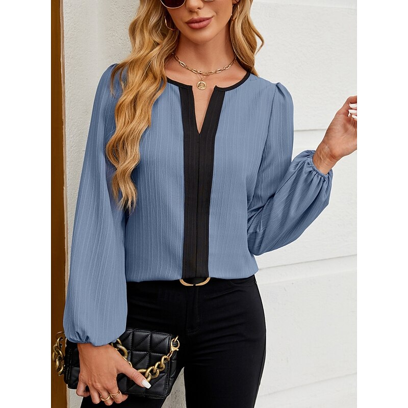 Women's Shirt Solid Color Stylish Casual Long Sleeve V Neck Regular Tops Daily Patchwork Pink Red Blue Apricot Spring Fall3