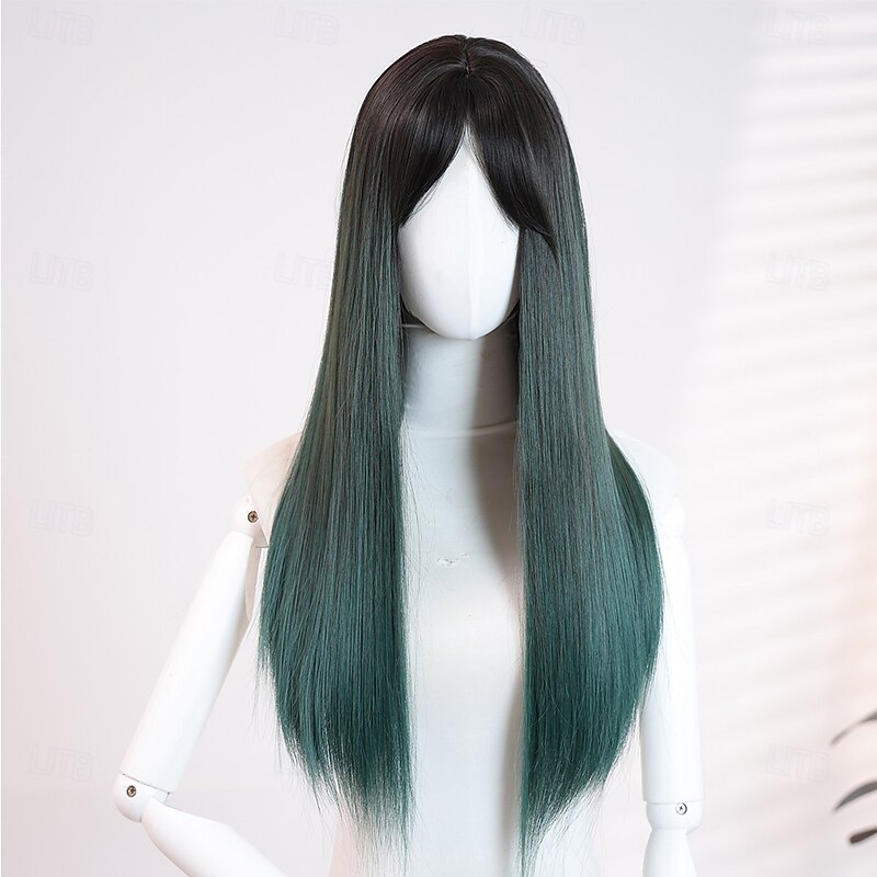 Women's 22″ Ombre Green Straight Halloween Wig – Full Bangs, Heat‑Resistant Synthetic Long Hair for Costume & Everyday Fashion2