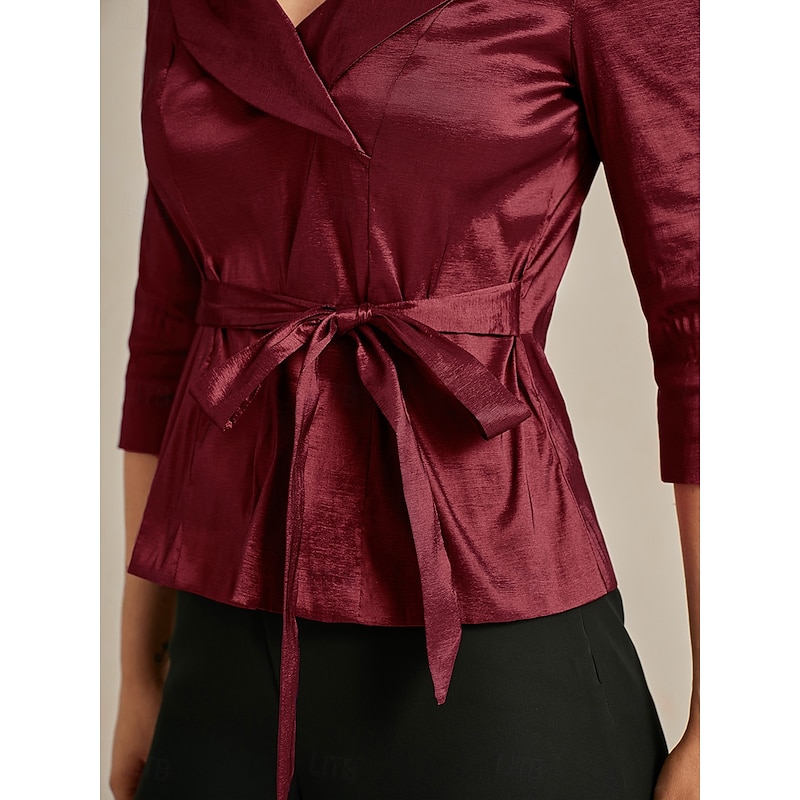 Women's Blouse Evening Tops Elegant Metallic Stylish 3/4 Length Sleeve V Neck Regular Tops Wedding Guest Evening Party Semi Formal Tie Front Wine Spring, Fall, Winter, Summer4