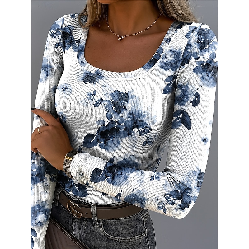 Women's T shirt Long Sleeve Ribbed Graphic Square Neck Long Sleeve Casual Floral Plants Vintage Stylish Regular Tops Daily Print Black White Yellow Light Green Purple Spring Fall Prefall