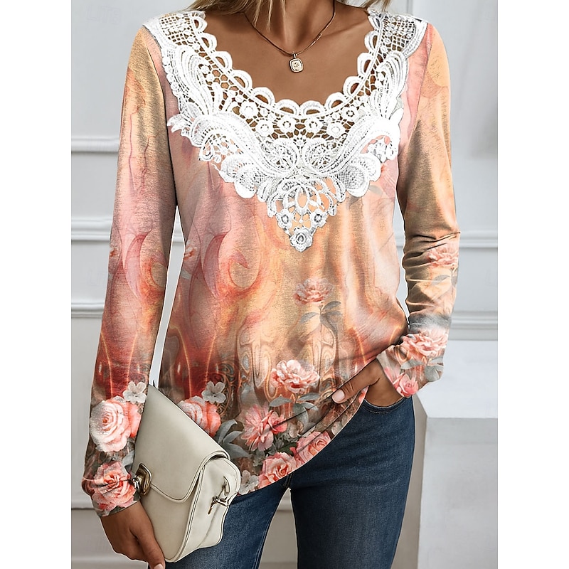Women's Blouse Tunic Lace Splicing V Neck Long Sleeve Floral Graphic Elegant Round Neck Regular Tops Daily Going out Weekend Lace Patchwork Print Pink Red Blue Orange Spring Fall4