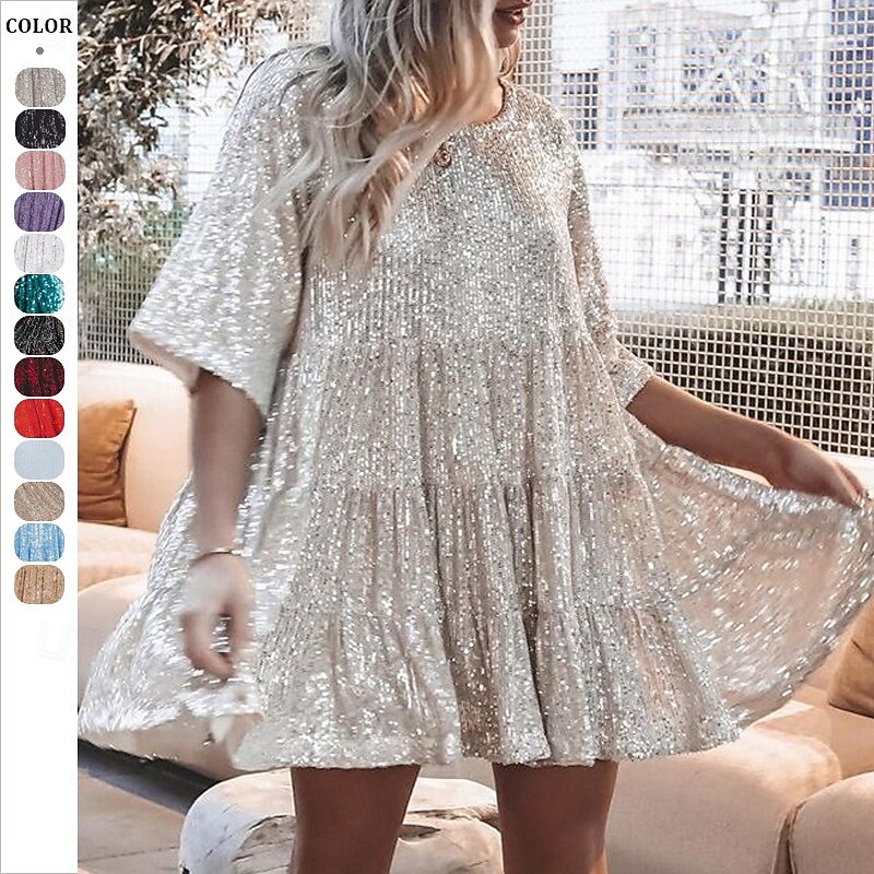 Women's Mini Dress Sequin Dress Cocktail Dress Elegant Dress Fashion Modern Evening Party Cocktail Party Regular Fit Plain Short Sleeve Crew Neck Silver Black gray Black White Summer Spring