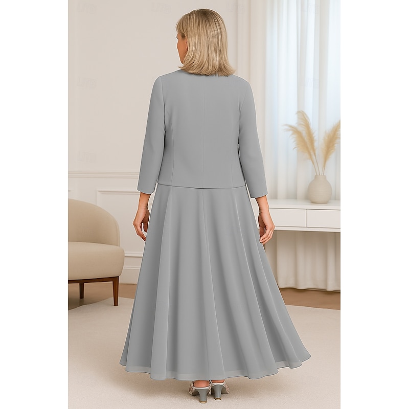 Beaded Lace Two Piece A-Line Mother of the Bride Dress Elegant Simple Luxurious V Neck Floor Length Maxi Length Chiffon Short Sleeve with Stretch Crepe Jacket3