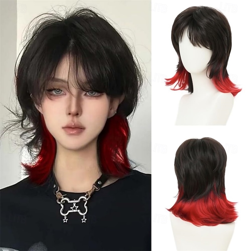 Black Red Mullet Wig for Women Shoulder Length Layered Shaggy Wig with Bangs Synthetic Full Wigs for Cosplay Daily Party Use
