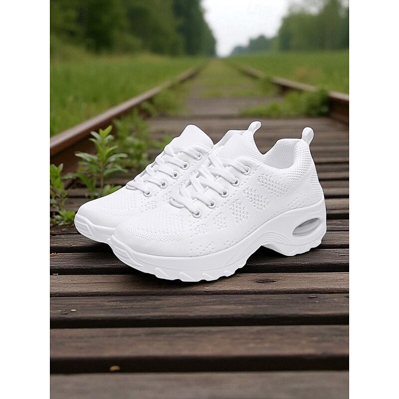 Women's White Breathable Flyknit Sneakers – Lightweight Air-Cushion Walking Shoes for Fitness, Travel and Daily Wear4