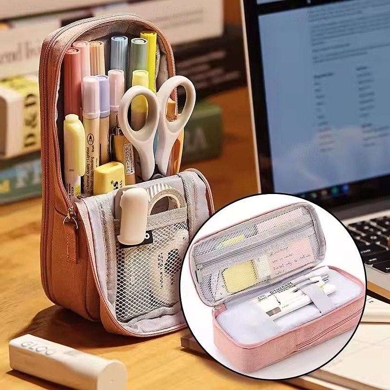 Pen Bag Pencil Case Two Layer Foldable Stand Fabric Phone Holder Storage Pouch for Stationery Office School