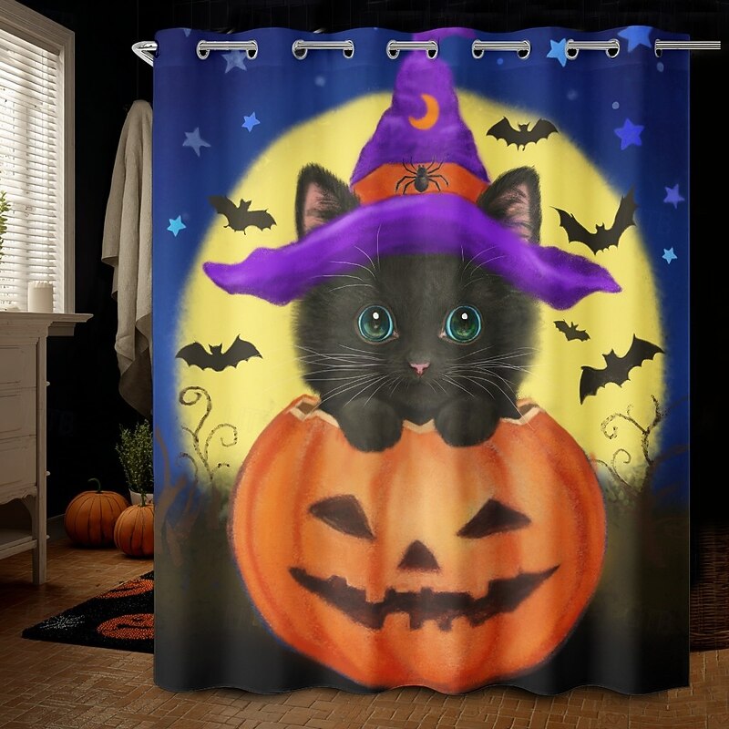 Halloween Cat by Kayomi Harai Halloween ShowerCurtain with Hooks Polyester Washable Waterproof Pattern Bathroom Bathtub Decor
