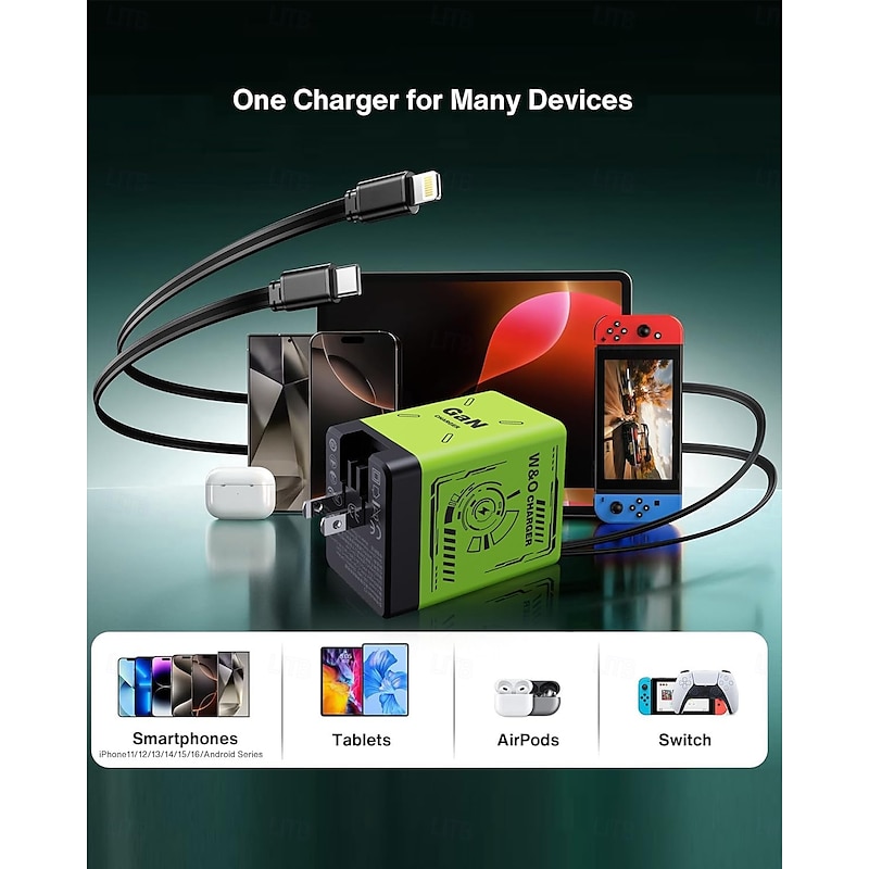 45W GaN Charger Fast Charging,Retractable Phone Charger Wall Plug with Lightening and Type-C Cables, for Phone, Android and More2