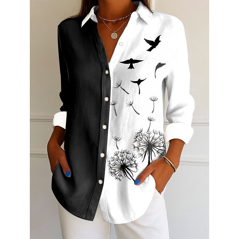 Women's Shirt Button Down Tunic Shirt Collar Long Sleeve Floral Graphic Bird Elegant Vintage Tropical Regular Tops Work Daily s Print White Pink Blue Green Spring