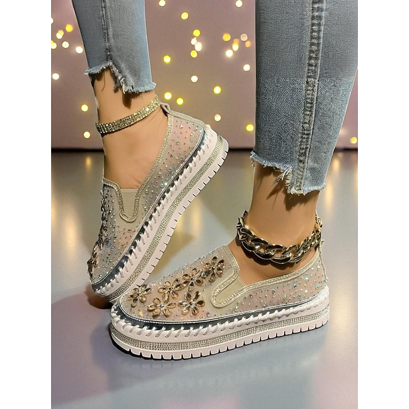 Women's Rhinestone Embellished Slip-On Sneakers with Mesh Upper and Chunky Sole - Trendy Nightlife Party and Clubbing Shoes for Ladies