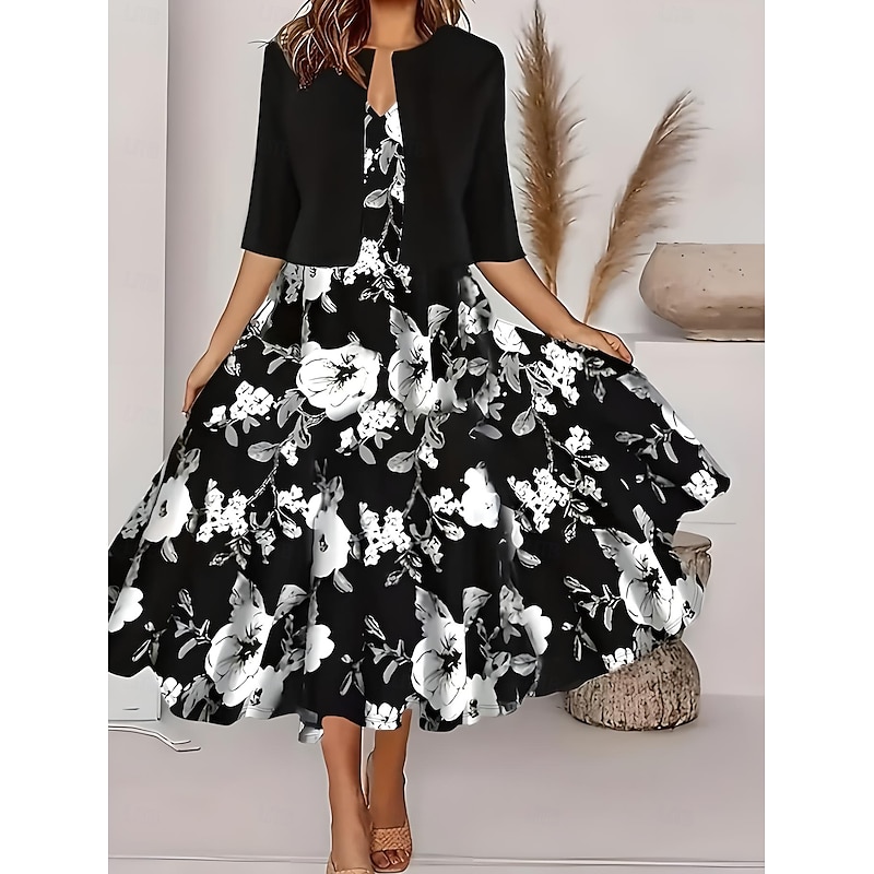 Women's Two Piece Dress Sets Midi Dress with Jacket Elegant A Line Dress Half Sleeve Casual Semi Formal Ombre Floral Print V Neck Date Black Blue Purple Regular Fit
