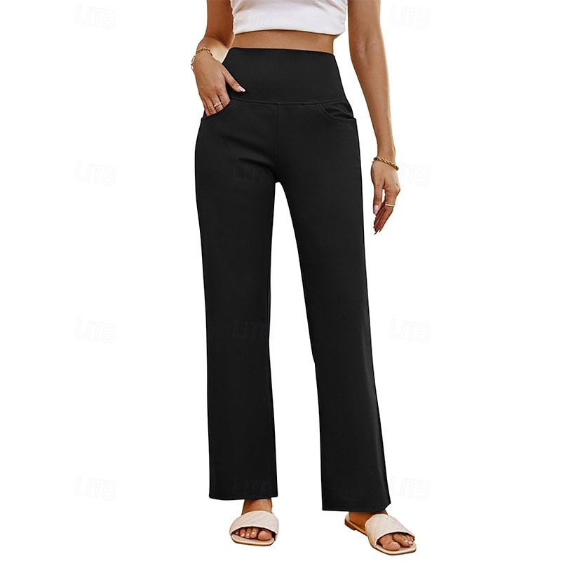 Women's Slacks Straight Streetwear Casual Full Length Natural Plain Pocket Elastic Waist Comfy Street Holiday Daily Wear Dark-Gray Apricot Black off-white Fall Regular Fit2