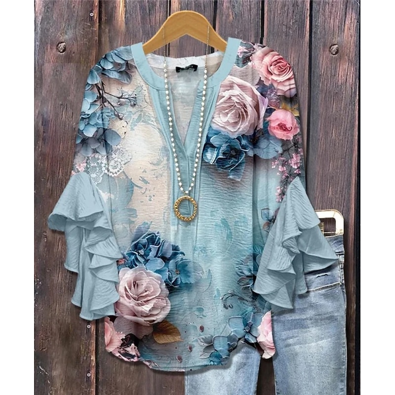 Easter Women's Blouse V Neck Floral Graphic Elegant Bohemia Ethnic 3/4 Length Sleeve Regular Tops Daily Holiday Vacation Wear Ruffle Print White Light Green Blue Purple Green Summer Spring Fall