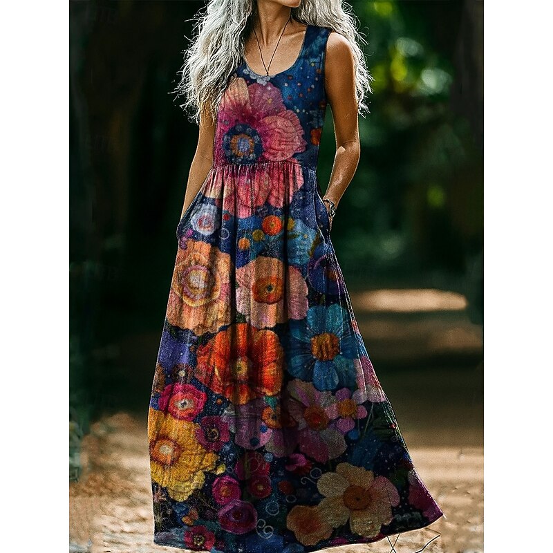 Women's Boho Floral Art Print Vintage Dress Vacation Casual Going out Beach Regular Fit Floral Graphic Sleeveless U Neck Pink Wine Light Brown Blue Summer Spring3