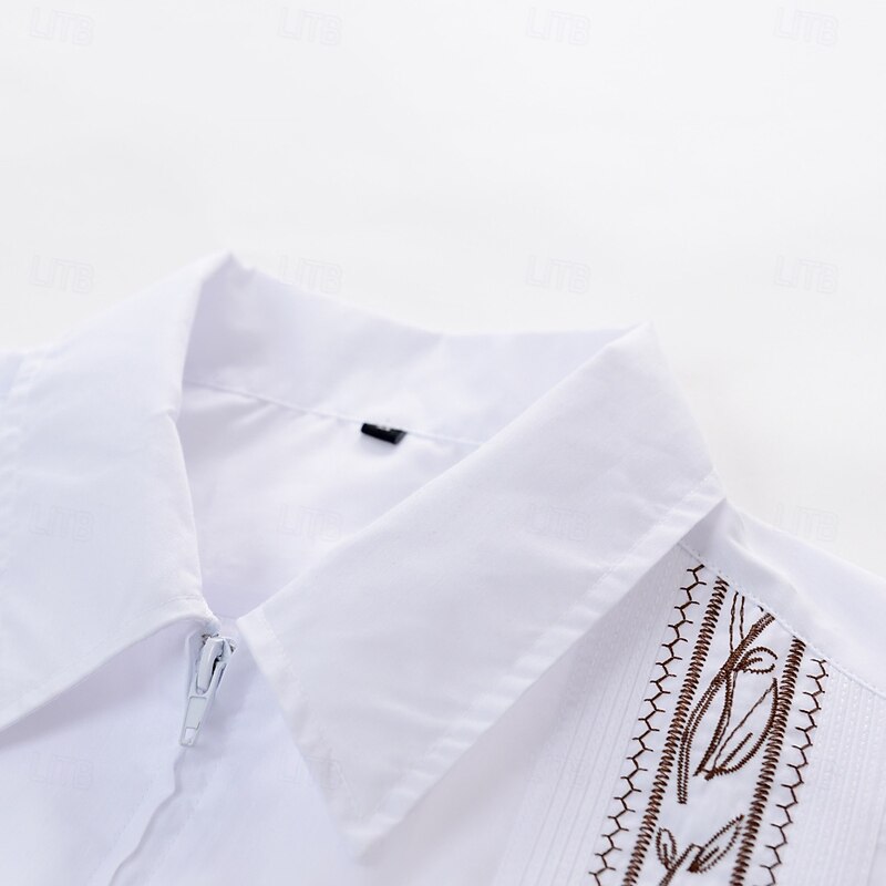 Men's Guayabera Shirt Burgundy Dark Navy Short Sleeve Embroidered Shirt Collar Outdoor Vacation Zip Up Clothing Apparel Elegant Vacation Vintage Daily4