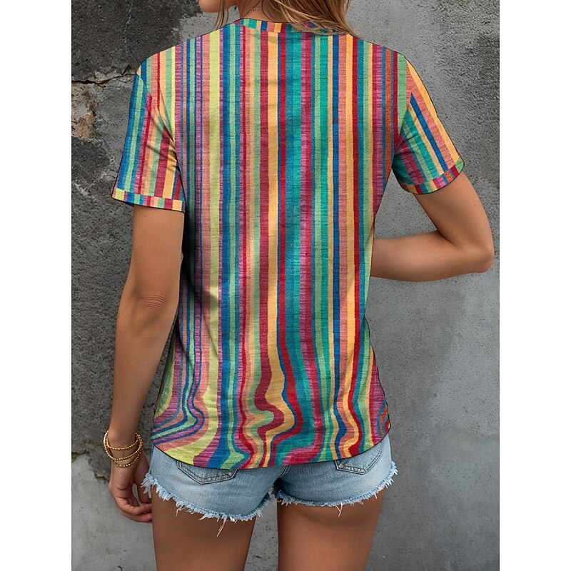 Women's T Shirt Graphic Geometric Striped Vintage Stylish Classic Short Sleeve V Neck Regular Tops Daily Print Yellow Pink Blue Purple Rainbow Summer Spring2