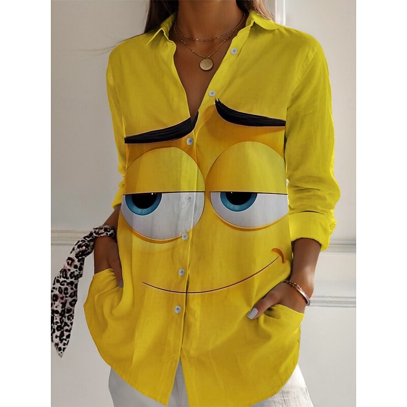 Women's Cartoon Funny Smile Face Shirt Active Daily Stylish Long Sleeve Shirt Collar Regular Tops Daily Holiday Buttons Print Yellow Spring Fall