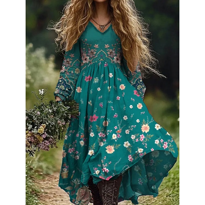 Women's Maxi Dress A Line Dress Vacation Casual Boho Going out Beach Loose Fit Floral Graphic Paisley Long Sleeve V Neck Deep Green Black Wine Red Summer Spring Fall3