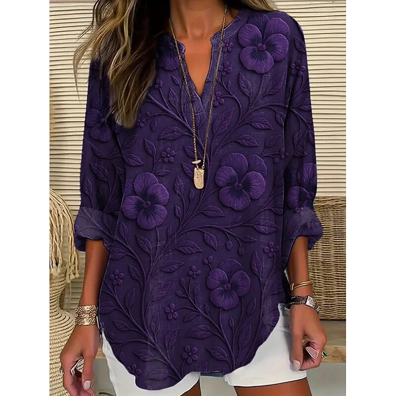 Women's Blouse Tunic V Neck Long Sleeve Boho Casual Summer Tops Floral Graphic Vintage Tropical Regular Tops Daily Wear Print White Pink Purple Fuchsia Gray