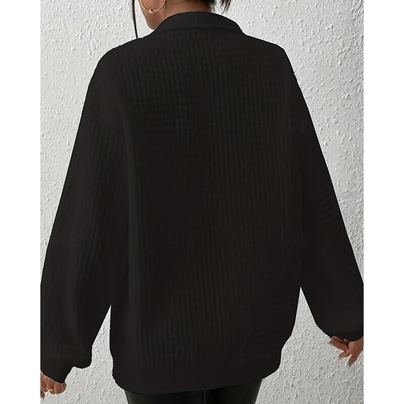 Women's Texture Sweatshirt Pullover Plain Streetwear Casual Comfy Long Sleeve V Neck Regular Tops Street Holiday Going out Half Zipper Quarter Zipper Quarter Zip Black Fall3