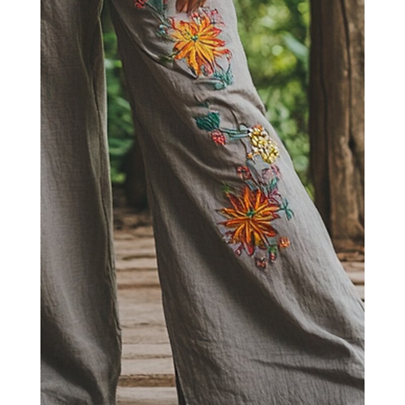 Women's Wide Leg Pants Trousers Palazzo Pants Casual Boho Full Length High Waist Flower Elastic Waist Drawstring Print Breathability Comfortable Street Daily Wear Going out Gray Spring Fall Regular3