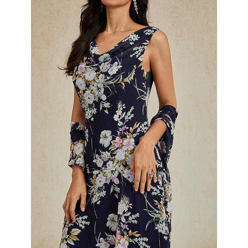 Women's Maxi long Dress Chiffon Dress Elegant Vacation Birthday Date Beach Regular Fit Floral Graphic Sleeveless Cowl Neck Navy Blue Summer Spring Fall3