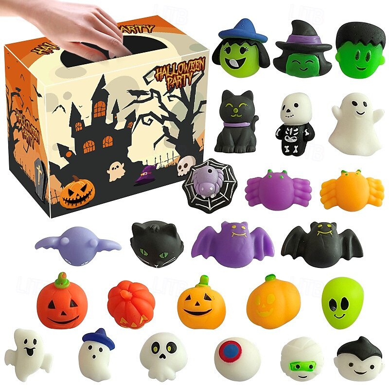 24/48 Pcs Halloween Mochi Squishy Toys with Gift Box Mini Kawaii Mochi Squeeze Toy Stress Reliever Anxiety Packs for Kids Party Favors Halloween Miniatures Halloween Treat Bags Gifts2