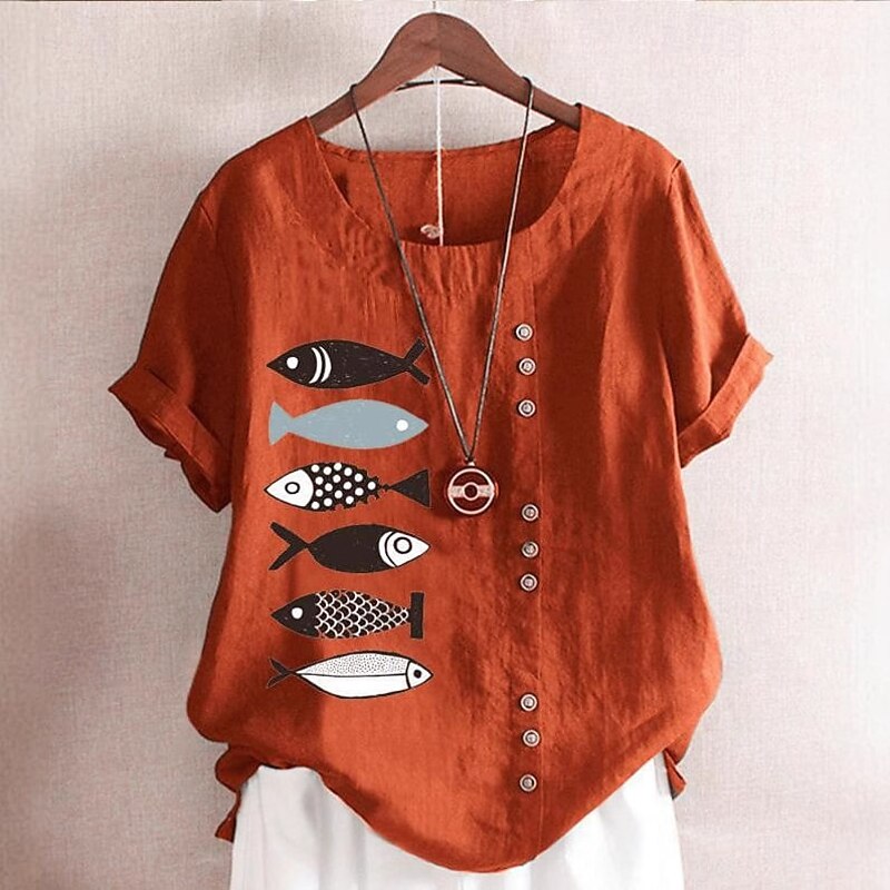 Women's Cotton Linen Shirts Animal Elegant Daily Basic Short Sleeve Crew Neck Regular Tops Daily Holiday Vacation Wear Buttons White Blue Purple Brown Summer Spring4