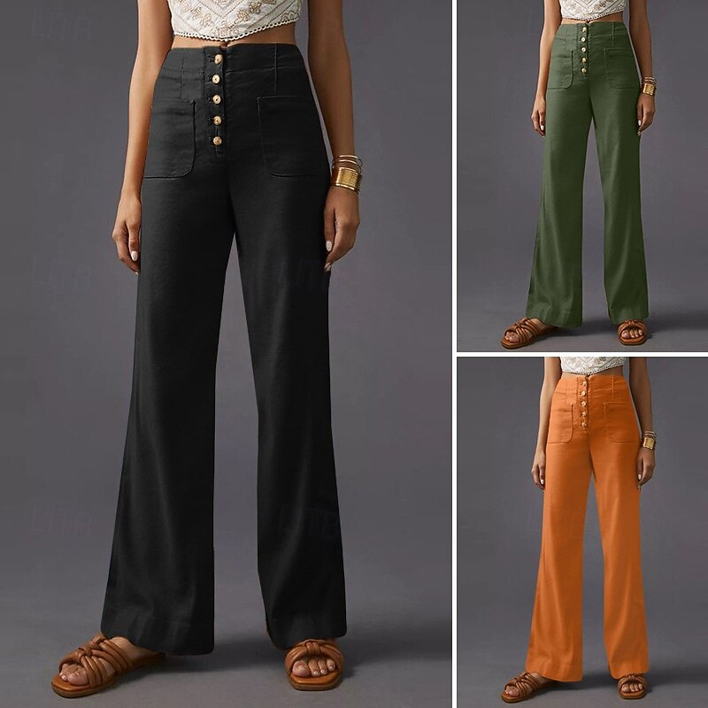 Women's Wide Leg Slacks Streetwear Casual Full Length Natural Plain Pocket Elastic Waist Comfortable Street Holiday Weekend Black Army Green Orange Fall Regular Fit