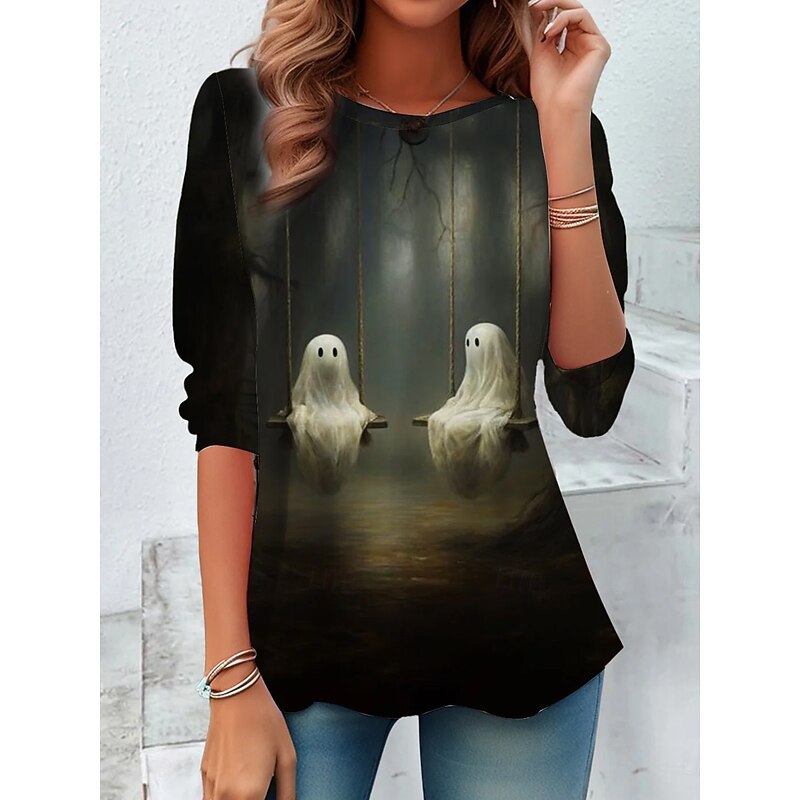 Halloween Women's T shirt Ghost Long Sleeve Crew Neck Long Sleeve Tunic Graphic Witch Vintage Stylish Round Neck Regular Tops Daily Weekend Print Blue Green Gray Fall Prefall2