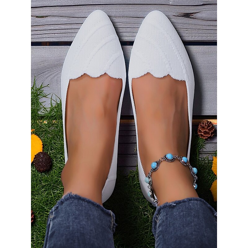 Women's White Flyknit Pointed Toe Flats – Scalloped Edge Ballerina Shoes for Spring Picnics, Garden Parties & Commuting3