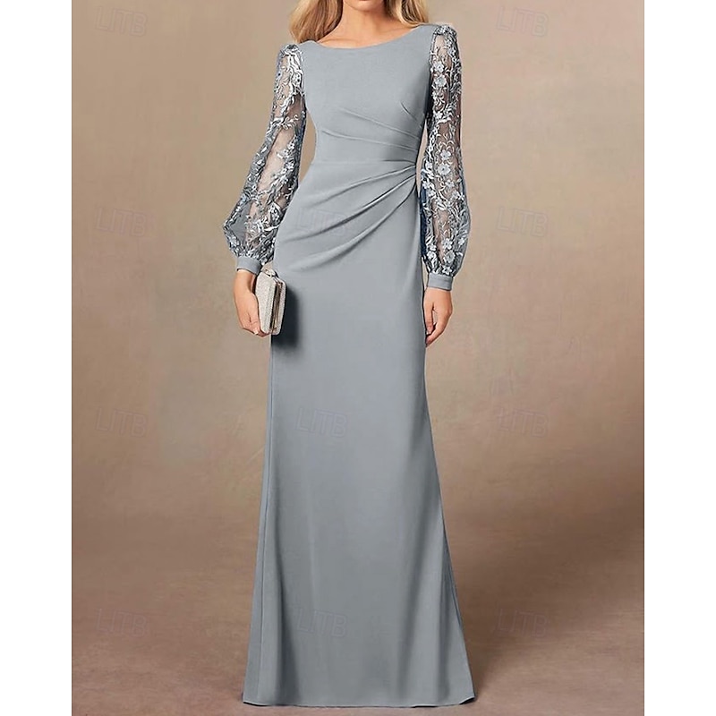 DustySheath / Column Mother of the Bride Dress Elegant Simple Minimalist Boat Neck Floor Length Stretch Crepe Long Sleeve with Lace Embroidery4