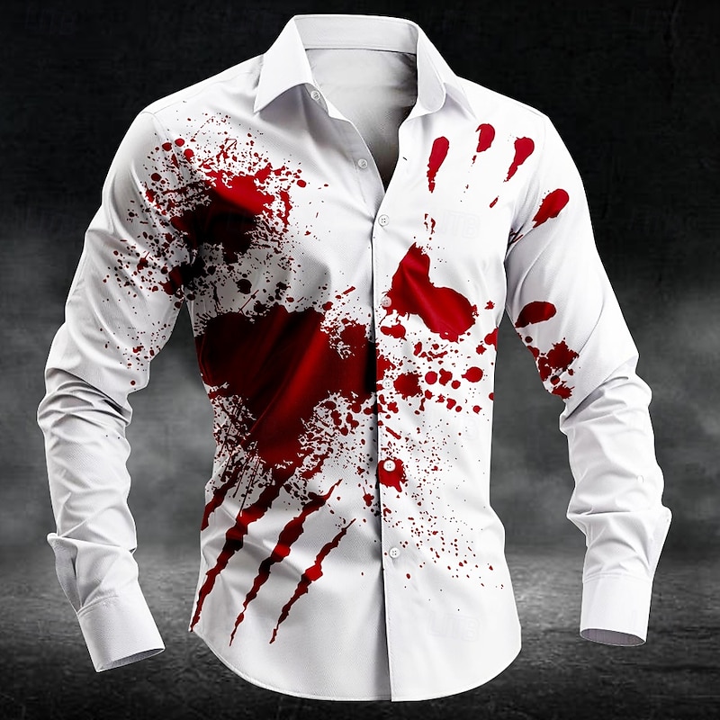 Halloween Men's Blood Splatter Fingerprint Blood stains Shirt Button Up Shirt Long Sleeve Dark Punk Gothic Style Holiday Streetwear Summer Spring Turndown 3D Print Collared Shirts White