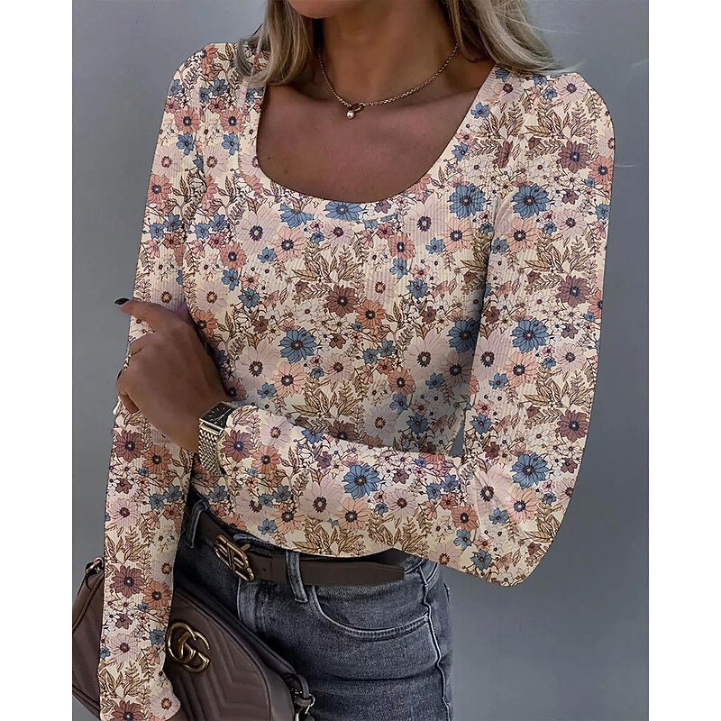 Women's T shirt Long Sleeve Ribbed Graphic Square Neck Long Sleeve Casual Tunic Floral Plants Vintage Stylish Regular Tops Daily Print White Pink Orange Green Beige Spring Fall Prefall2