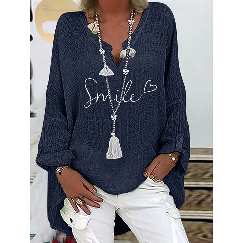 Women's Cotton Shirts Letter Basic Casual Long Sleeve V Neck Regular Tops Daily Print Black Navy Blue Sky Blue Summer Spring Fall3