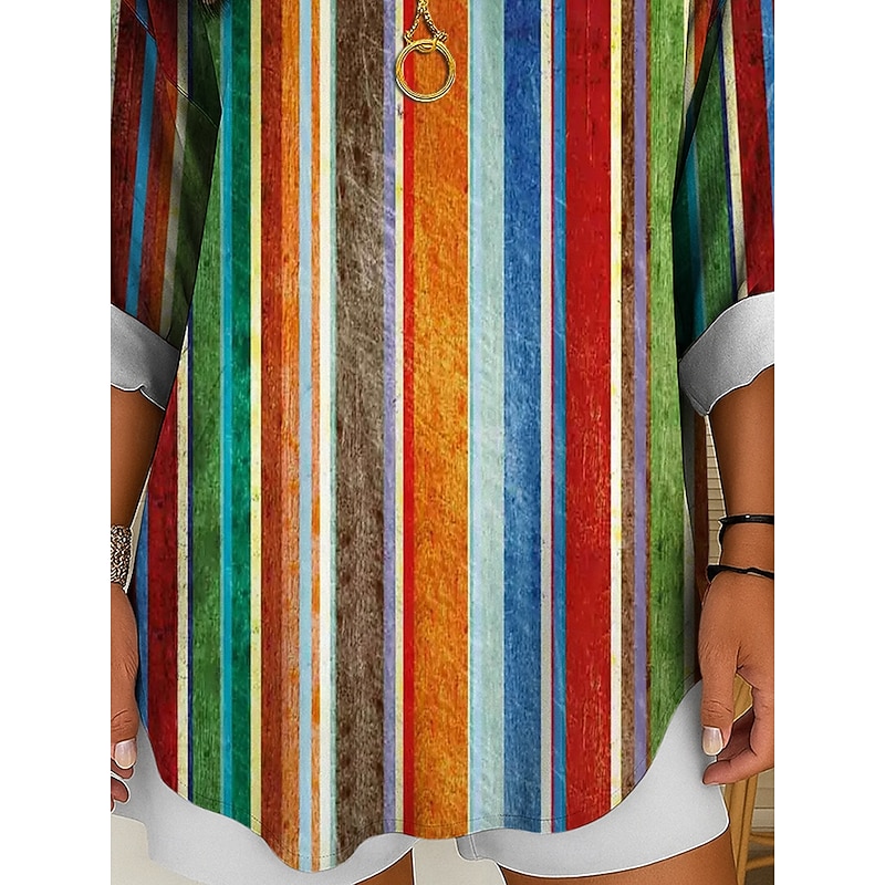 Women's Shirt Cotton Linen Shirt Blouse Long Sleeve Tunic Graphic Geometric Striped Vintage Tropical Daily Long Sleeve V Neck Regular Tops Work Daily Holiday Buttons Print Yellow Red Blue Purple3