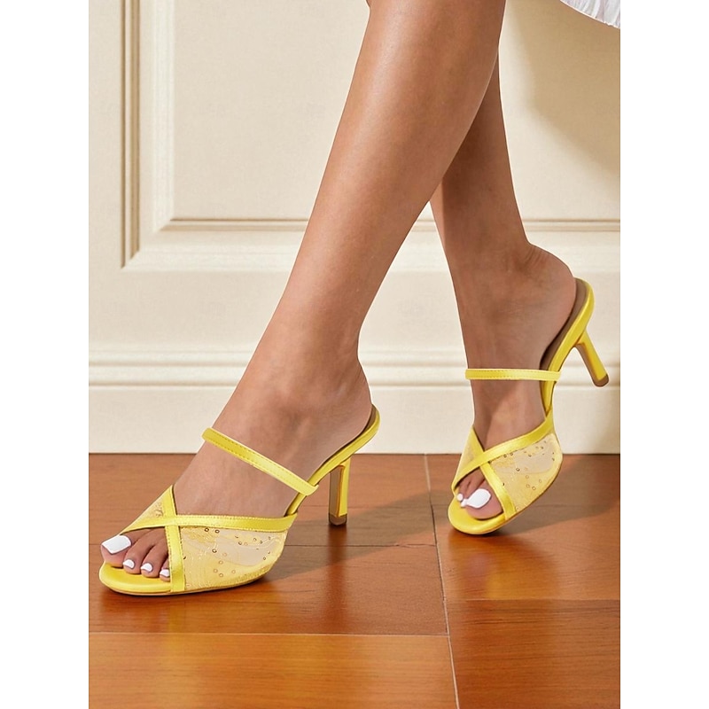 Women's Yellow Mesh Stiletto Heel Sandals with Rhinestone Details – 1950s Elegant Open-Toe Heels for Summer Parties, Weddings, and Evening Events