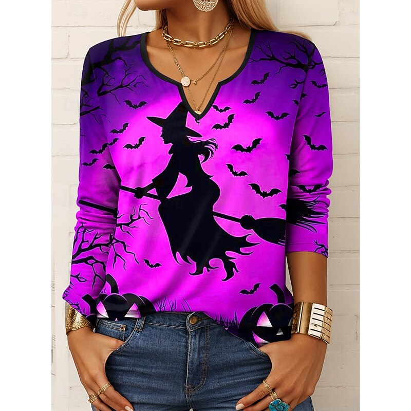 Halloween Women's T shirt Witch Long Sleeve Ombre Graphic Geometric Vintage Stylish Classic Long Sleeve Notched Neck Regular Tops Daily Print Purple Orange Green Spring Fall Prefall3