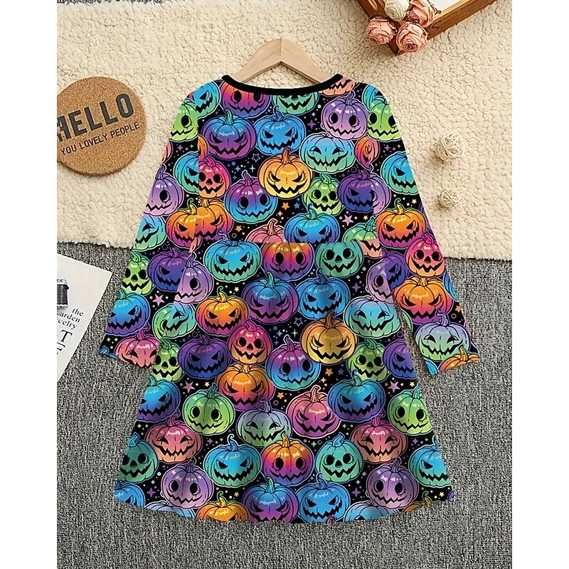 Halloween Girls' 3D Halloween pumpkin Dress Long Sleeve Summer Spring Vacation Daily Holiday Princess Beautiful Sweet Kids 4-12 Years Casual Dress A Line Dress Knee-length Regular Fit3