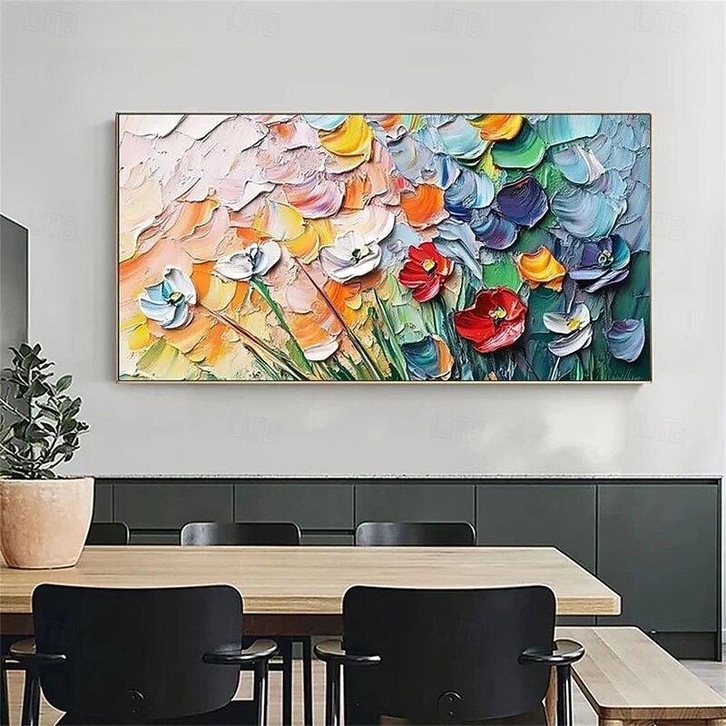 Large 3D flower oil painting Handmade Textured landscape Oil Painting Vibrant Multicolor Floral painting Bouquet Modern artwork picture for  Living Room Decor Modern Colorful Flower picture Room Decor4