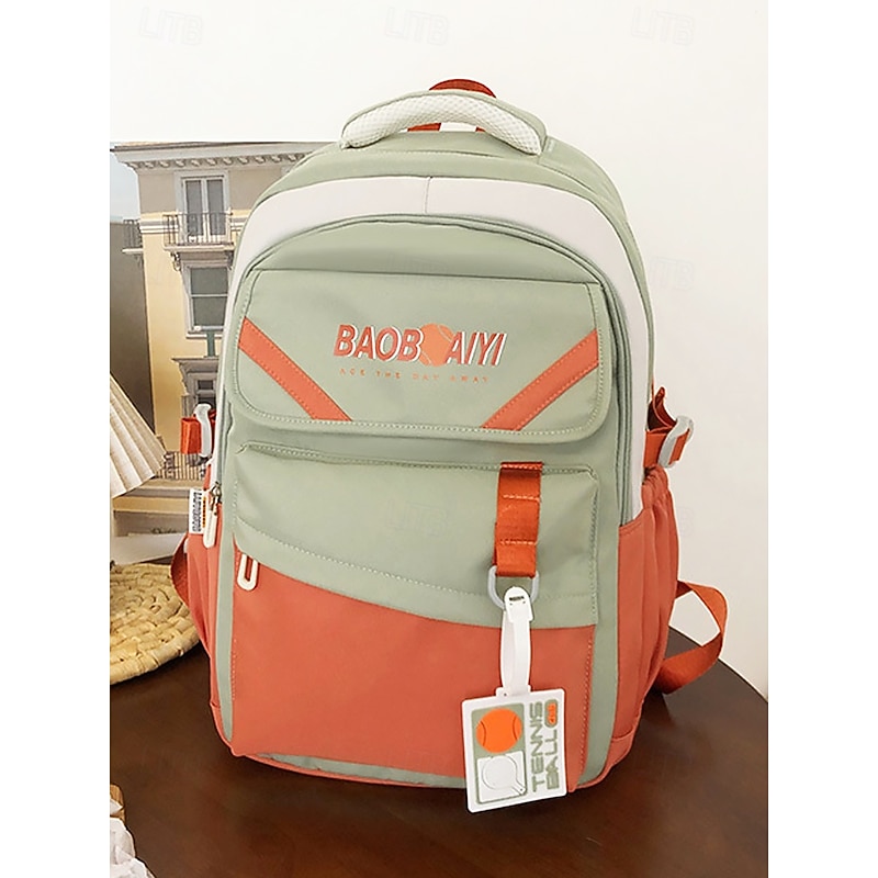 Women's Color Block School Backpack with Tennis Tag – Spacious Lightweight Bag for Teen Girls, School and Outdoor Use