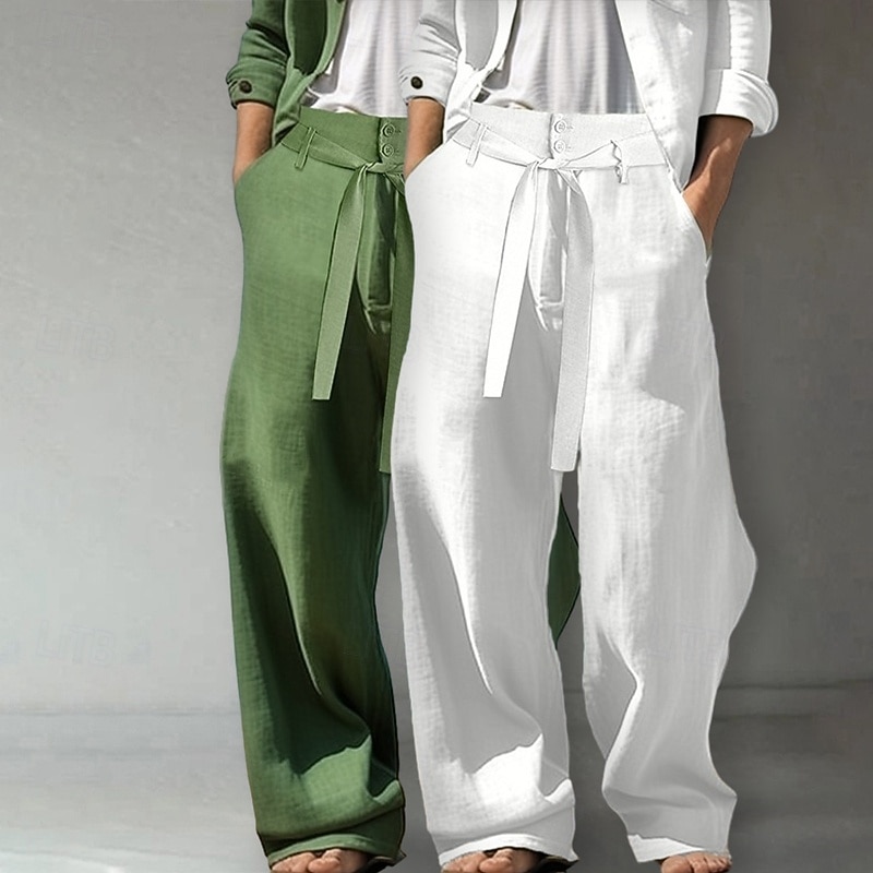Men's Linen Pants Trousers Summer Pants Baggy Pants Elastic Waist Drawstring Straight Leg Plain Comfort Breathable Full Length Outdoor Daily Beach Vacation Fashion White+Green White+khaki Inelastic4